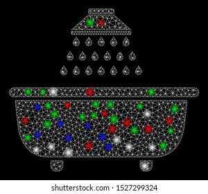 Bright mesh bath shower with glare effect. White wire carcass triangular mesh in vector format on a black background. Abstract 2d mesh created from triangular lines, dots, colorful glare spots.