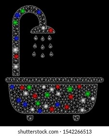 Bright mesh bath shower with glow effect. White wire carcass triangular mesh in vector format on a black background. Abstract 2d mesh designed with polygonal grid, round dots, colorful glare spots.