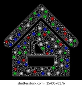 Bright mesh bathroom with glare effect. White wire carcass polygonal mesh in vector format on a black background. Abstract 2d mesh designed with triangles, small circle, colorful flare spots.