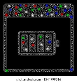Bright mesh battery calendar page with glare effect. White wire carcass polygonal mesh in vector format on a black background. Abstract 2d mesh created from polygonal grid, spheric points,