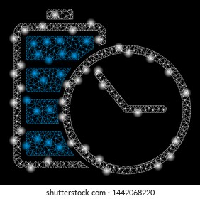 Bright mesh battery clock with glare effect. Abstract illuminated model of battery clock icon. Shiny wire carcass triangular network battery clock abstraction in vector format on a black background.