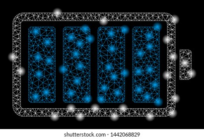 Bright mesh battery with glare effect. Abstract illuminated model of battery icon. Shiny wire carcass triangular mesh battery abstraction in vector format on a black background.