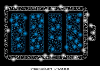 Bright mesh battery with lightspot effect. Abstract illuminated model of battery icon. Shiny wire frame triangular network battery abstraction in vector format on a black background.