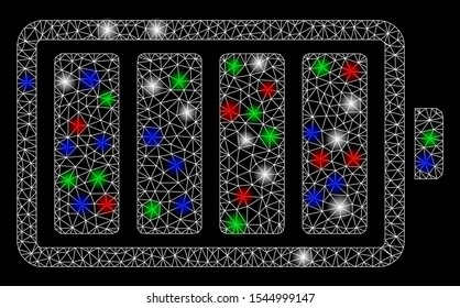 Bright mesh battery with lightspot effect. White wire frame polygonal mesh in vector format on a black background. Abstract 2d mesh designed with polygonal grid, spheric points, colorful light spots.