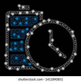 Bright mesh battery time with lightspot effect. Abstract illuminated model of battery time icon. Shiny wire frame triangular mesh battery time abstraction in vector format on a black background.