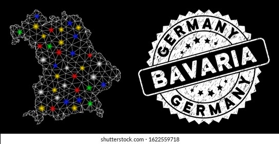 Bright mesh Bavaria Land map with lightspot effect, and stamp. Wire frame polygonal Bavaria Land map mesh in vector format on a black background. White round stamp imprint with rubber texture.