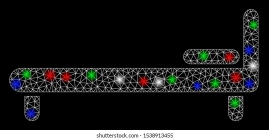 Bright mesh bed with glare effect. White wire frame polygonal mesh in vector format on a black background. Abstract 2d mesh designed with polygonal grid, round dots, colored flash spots.
