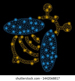Bright mesh bee with lightspot effect. Abstract illuminated model of bee icon. Shiny wire frame polygonal mesh bee abstraction in vector format on a black background.