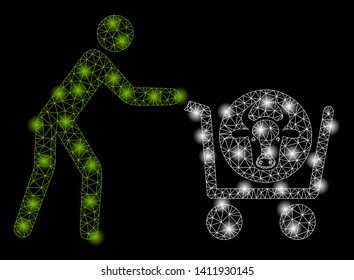 Bright mesh beef purchase with glare effect. Abstract illuminated model of beef purchase icon. Shiny wire carcass triangular mesh beef purchase abstraction in vector format on a black background.