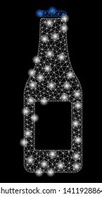 Bright mesh beer bottle with glare effect. Abstract illuminated model of beer bottle icon. Shiny wire frame triangular mesh beer bottle abstraction in vector format on a black background.