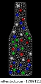 Bright mesh beer bottle with glare effect. White wire carcass polygonal network in vector format on a black background. Abstract 2d mesh designed with polygonal grid, dots, colorful light spots.