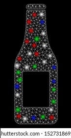 Bright mesh beer bottle with glow effect. White wire frame polygonal mesh in vector format on a black background. Abstract 2d mesh designed with polygonal grid, round dots, colorful light spots.