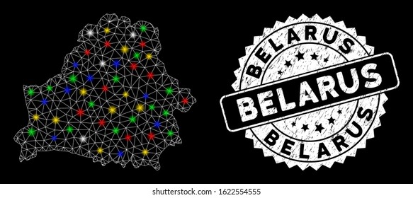 Bright mesh Belarus map with lightspot effect, and rubber print. Wire carcass triangular Belarus map mesh in vector format on a black background. White round watermark with corroded surface.