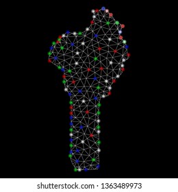 Bright mesh Benin map with glow effect. Wire frame triangular network in vector format on a black background. Abstract 2d mesh designed with triangular lines, spheric points, colored flare spots.