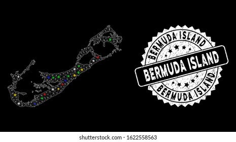 Bright mesh Bermuda Island map with glare effect, and seal. Wire frame triangular Bermuda Island map mesh in vector format on a black background. White round seal with grunge textures.
