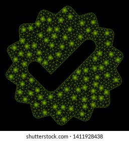 Bright mesh best medallion with glow effect. Abstract illuminated model of best medallion icon. Shiny wire frame triangular mesh best medallion abstraction in vector format on a black background.