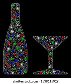 Bright mesh beverage with glow effect. White wire frame triangular mesh in vector format on a black background. Abstract 2d mesh designed with triangles, spheric points, colored glare spots.