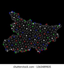 Bright mesh Bihar State map with glare effect. Wire carcass polygonal mesh in vector format on a black background. Abstract 2d mesh designed with triangles, small circle, colored glare spots.