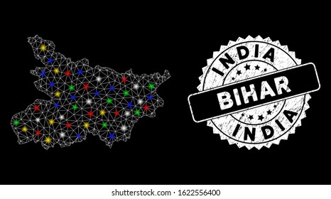 Bright mesh Bihar State map with glare effect, and rubber print. Wire frame polygonal Bihar State map mesh in vector format on a black background. White round watermark with scratched surface.