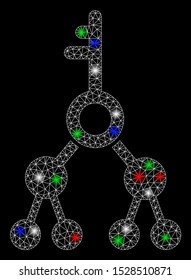 Bright mesh binary key with glare effect. White wire carcass polygonal mesh in vector format on a black background. Abstract 2d mesh designed with polygonal grid, spheric points, colorful light spots.