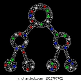 Bright mesh binary tree with glare effect. White wire carcass polygonal mesh in vector format on a black background. Abstract 2d mesh built from polygonal grid, small circle, colored glare spots.
