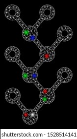 Bright mesh binary tree with glow effect. White wire frame triangular mesh in vector format on a black background. Abstract 2d mesh designed with triangular lines, spheric points, colored flare spots.