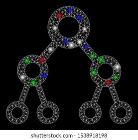 Bright mesh binary tree with glow effect. White wire frame triangular mesh in vector format on a black background. Abstract 2d mesh designed with triangular lines, points, colorful flare spots.