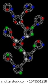 Bright mesh binary tree with lightspot effect. White wire carcass polygonal mesh in vector format on a black background. Abstract 2d mesh designed with polygonal grid, spheric points,