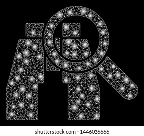 Bright mesh binoculars find tools with lightspot effect. Abstract illuminated model of binoculars find tools icon.