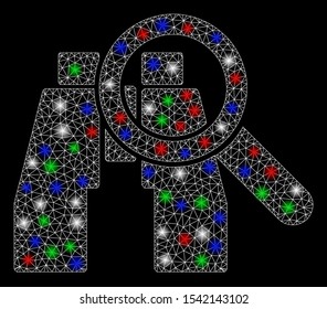 Bright mesh binoculars find tools with lightspot effect. White wire frame polygonal mesh in vector format on a black background. Abstract 2d mesh built from triangles, spheric points,