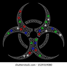 Bright mesh bio hazard with lightspot effect. White wire frame polygonal mesh in vector format on a black background. Abstract 2d mesh designed with polygonal grid, small circle, colorful flash spots.