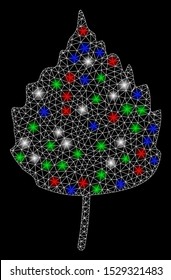 Bright mesh birch leaf with glow effect. White wire frame polygonal mesh in vector format on a black background. Abstract 2d mesh designed with polygonal grid, points, colored flash spots.