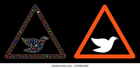 Bright mesh bird warning with lightspot effect. Abstract illuminated model of bird warning icon. White wire frame polygonal mesh bird warning and base icon. Vector abstraction on a black background.