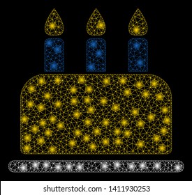 Bright mesh birthday with lightspot effect. Abstract illuminated model of birthday icon. Shiny wire frame polygonal mesh birthday abstraction in vector format on a black background.