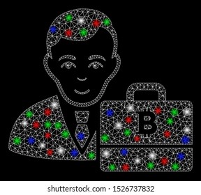 Bright mesh Bitcoin accounter with glare effect. White wire carcass triangular mesh in vector format on a black background. Abstract 2d mesh designed with triangular lines, spheric points,