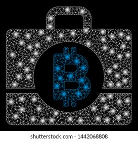 Bright mesh Bitcoin accounting case with lightspot effect. Abstract illuminated model of Bitcoin accounting case icon.