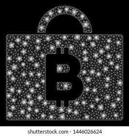 Bright mesh Bitcoin accounting case with lightspot effect. Abstract illuminated model of Bitcoin accounting case icon.