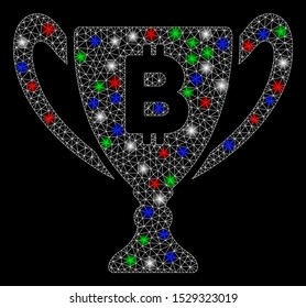 Bright mesh Bitcoin award cup with lightspot effect. White wire carcass triangular mesh in vector format on a black background. Abstract 2d mesh designed with triangles, spheric points,