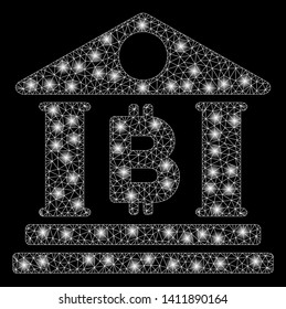 Bright mesh Bitcoin bank building with lightspot effect. Abstract illuminated model of Bitcoin bank building icon.