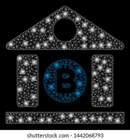 Bright mesh Bitcoin bank building with lightspot effect. Abstract illuminated model of Bitcoin bank building icon.
