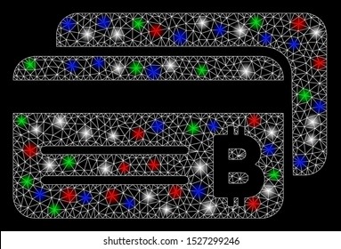 Bright mesh Bitcoin bank cards with glare effect. White wire frame triangular mesh in vector format on a black background. Abstract 2d mesh designed with triangular lines, round dots,