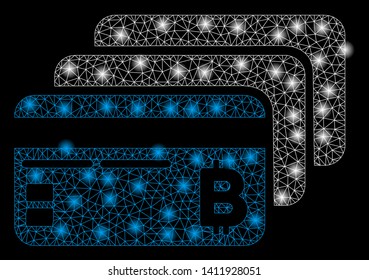 Bright mesh Bitcoin banking cards with glare effect. Abstract illuminated model of Bitcoin banking cards icon.