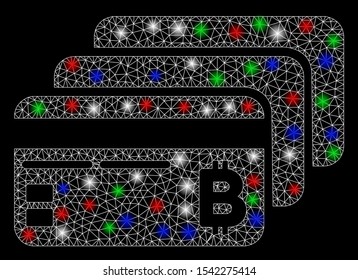 Bright mesh Bitcoin banking cards with glare effect. White wire frame polygonal mesh in vector format on a black background. Abstract 2d mesh built from triangular lines, spheric points,