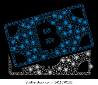 Bright mesh Bitcoin banknotes with glare effect. Abstract illuminated model of Bitcoin banknotes icon.