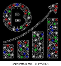 Bright mesh Bitcoin bar chart trend with glow effect. White wire frame polygonal mesh in vector format on a black background. Abstract 2d mesh designed with polygonal grid, small circle,