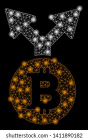 Bright mesh Bitcoin bifurcation with glare effect. Abstract illuminated model of Bitcoin bifurcation icon.