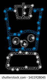 Bright mesh Bitcoin blender with glare effect. Abstract illuminated model of Bitcoin blender icon. Shiny wire frame triangular mesh Bitcoin blender abstraction in vector format on a black background.