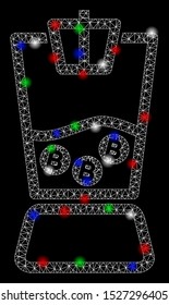 Bright mesh Bitcoin blender with glare effect. White wire frame polygonal mesh in vector format on a black background. Abstract 2d mesh designed with polygonal grid, points, colored light spots.