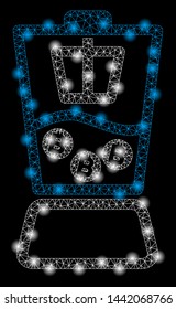 Bright mesh Bitcoin blender with glow effect. Abstract illuminated model of Bitcoin blender icon. Shiny wire carcass polygonal mesh Bitcoin blender abstraction in vector format on a black background.