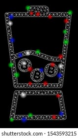 Bright mesh Bitcoin blender with glow effect. White wire frame triangular mesh in vector format on a black background. Abstract 2d mesh designed with polygonal grid, dots, colorful flash spots.